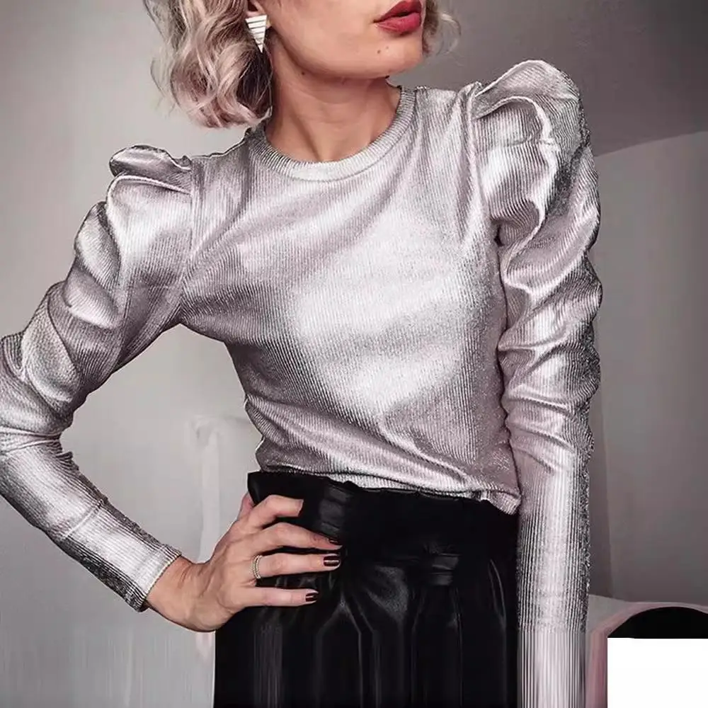 Camiseta feminina cor brilhante quatro cores slim fit poliéster longo Sve irt European Sle Faion Spring Season Regular Thi...