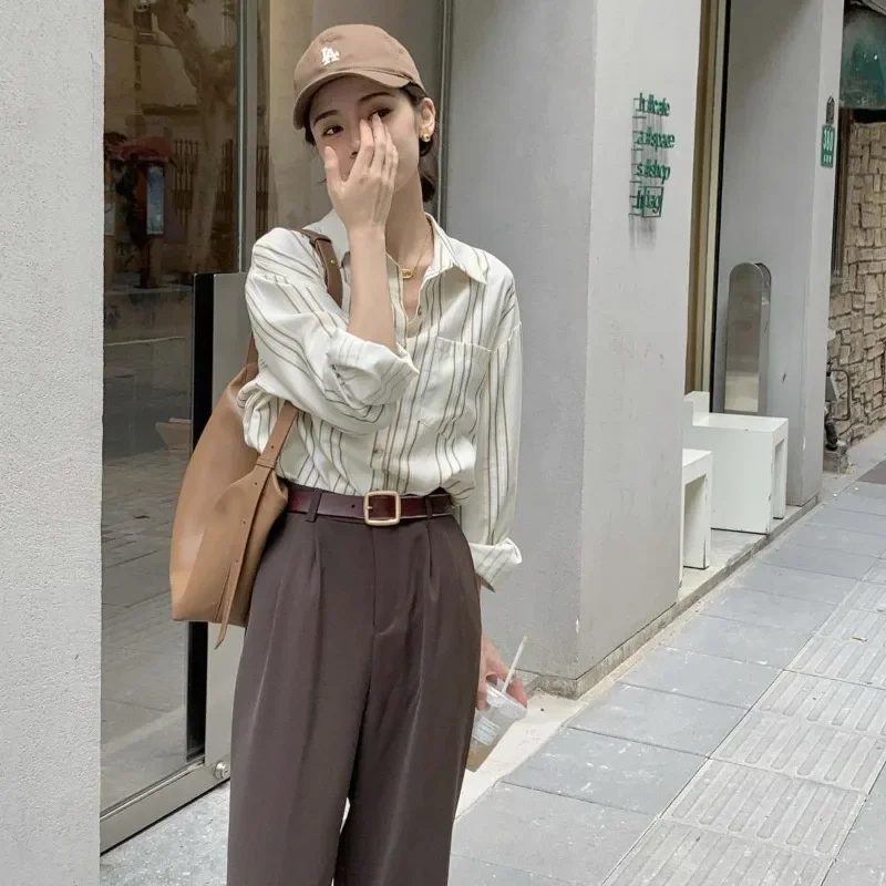 

Рубашки и блузки в полоску в стиле ретро для женщин, милый и элегантный японский модный топ в стиле Харадзюку с длинными рукавами, эстетичный красивый женский топ