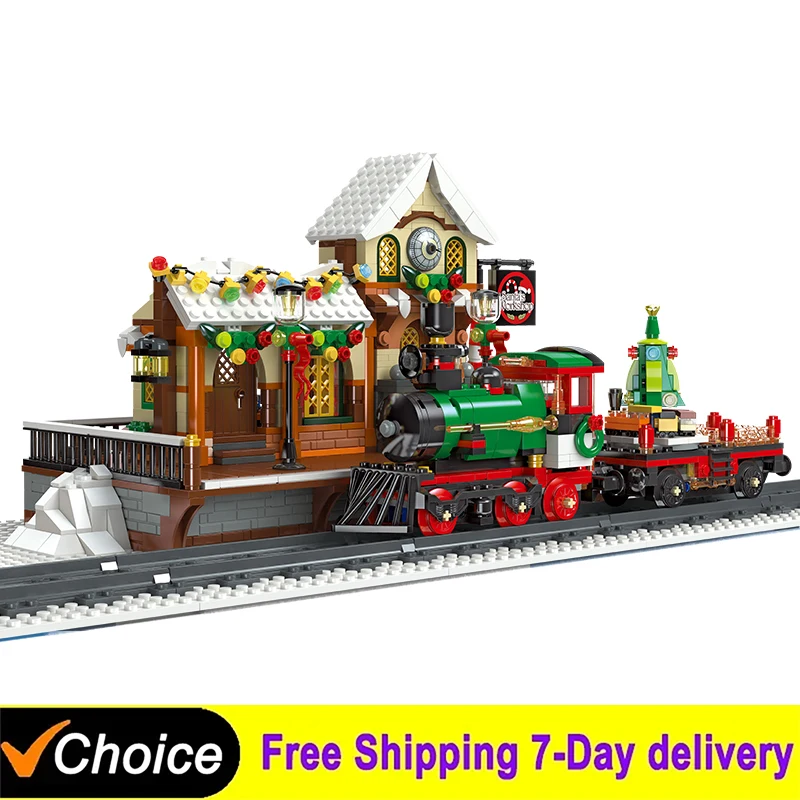 

NEW Ceative Christmas Train Platform Building Blocks Winter House Railway Station Bricks With Light Model Toy For Kid Gifts