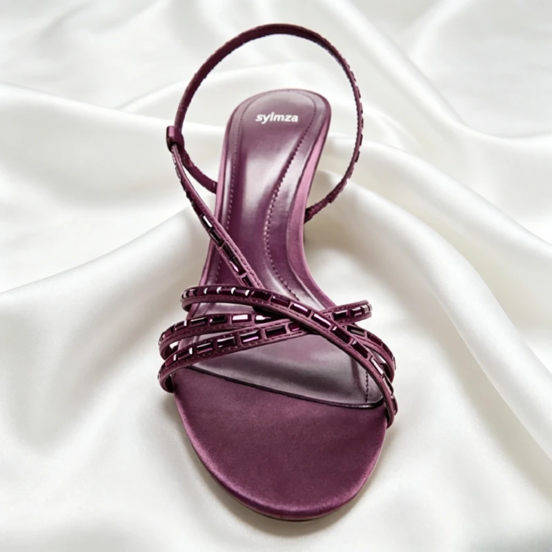 Elegant Purple Satin Heeled Sandals for Women Rhinestone Detail Cross Tied Slingback Heels Sexy Open-toed Stiletto Designer Shoe