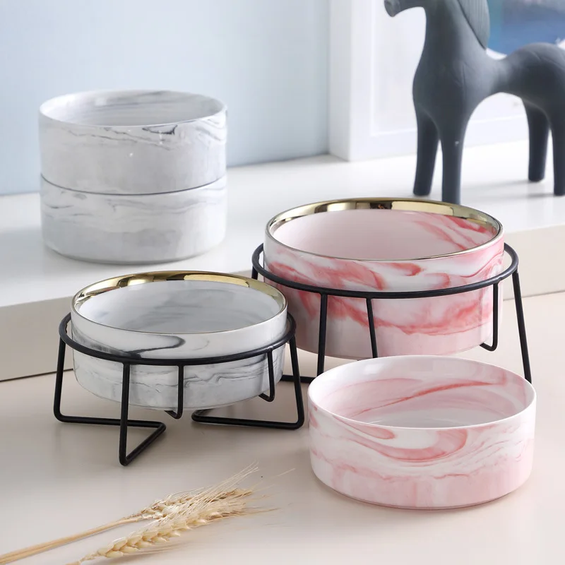 Ceramic Cat Bowl Double Marble Feeder for Dog Puppy with Raised Stand Non-Slip Feeding Food and Water Accessories Products #P021