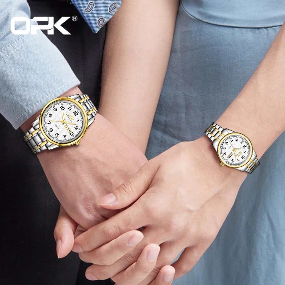 OPK 8110 Couple Watch Fashion Business Stainless Steel Waterproof Glow Double Calendar Quartz Watch Luxury Brand Watch