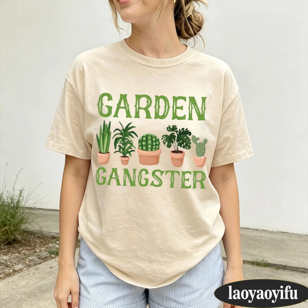 Plant Parent Gardener Retro Houseplant Art Garden Gangster Cactus Layout Women Summer Short Sleeve Cotton Hobby Tops