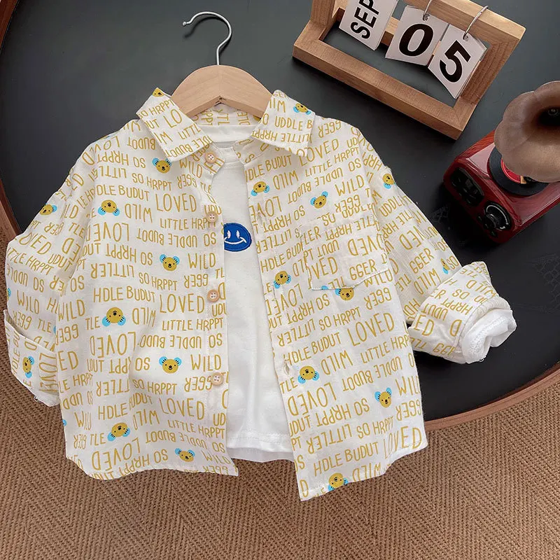 

Children Shirt Pure Cotton Lapel Cartoon Shirt Long Sleeve Spring and Autumn Top Outer Wear Casual Simple Style (only One Shirt)