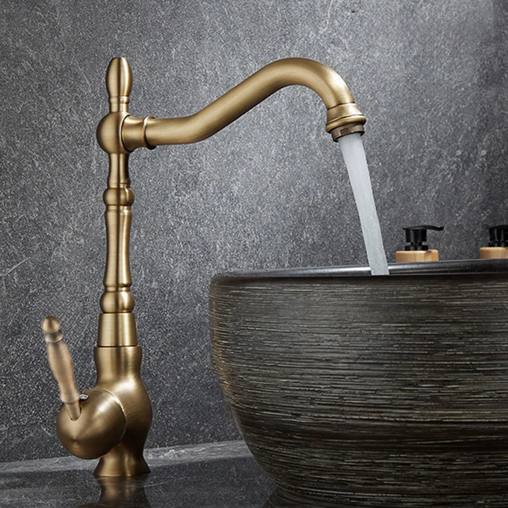 Antique Brass Bathroom Kitchen Basin Sink Faucet Mixer Tap Swivel Spout Single Handle One Hole Deck Mounted msf911