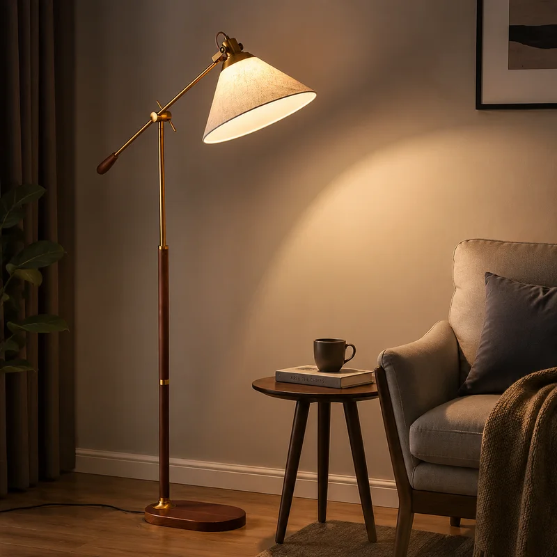 Nordic Japanese Mid Century Wood Adjustable Swing Arm Cone Shade Reading Decor For Living Room Bedroom Study Office Floor Lamp