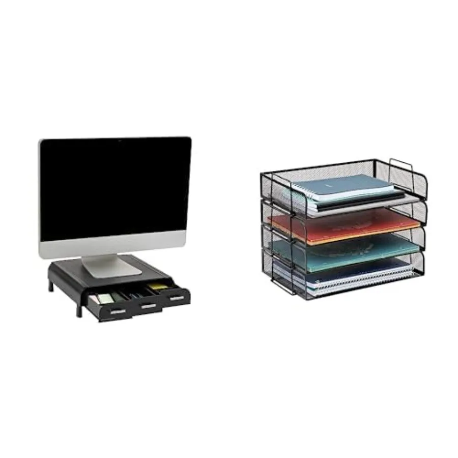 Monitor Stand and 4x Stackable Paper Tray Desktop Organizer File Storage Office Metal Mesh Black