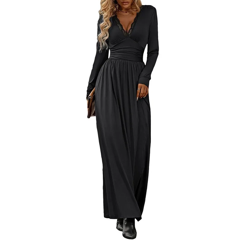 V Neck a Line Dress High Waist Elegant and Refined with Seamless Splice Long Sleeve Slim Fit Long Dress Autumn for Women