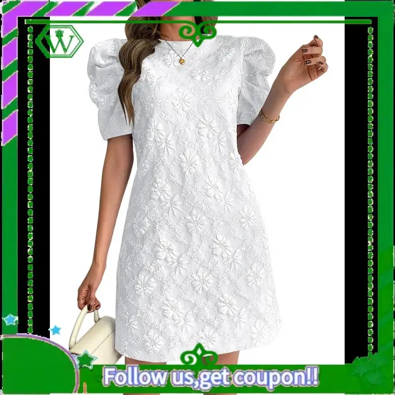 A18P-Women's Floral Puff Short Sleeve Mini Dress High Waist Summer Boho Short Dresses