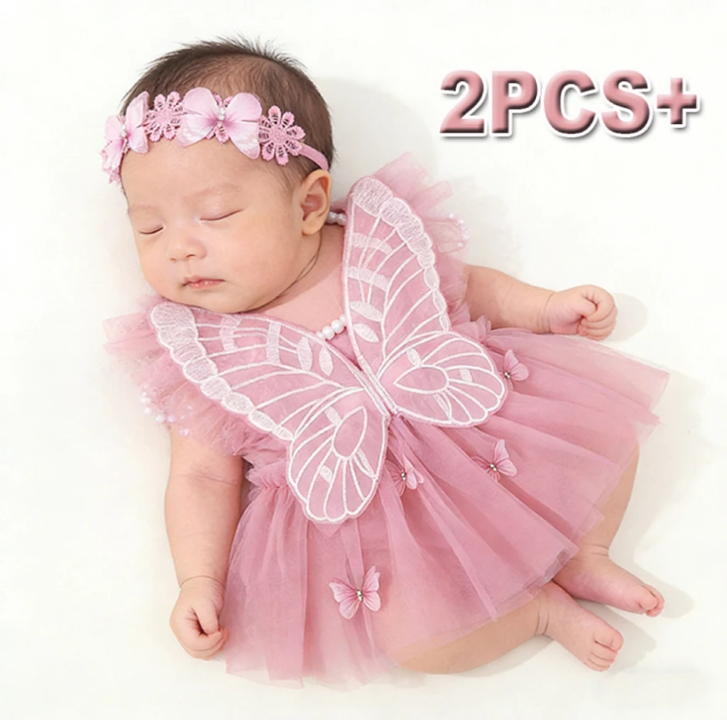 

2PCS Newborn Photography Outfit Pink Tulle Puff Dress Dreamy Winged with Butterfly headband Gown for Newborn Portraits