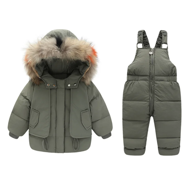 Children\'s Down Jacket Suit Winter Fashion Big Fur Collar Two-piece Set Girl Baby Jumpsuit Wholesale