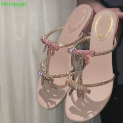 Crystal Bling Butterfly Knot Slippers Thick Heel Gentle Style Outdoor Open Toe Slides 2024 Summer New Slim Strap Women Sandals