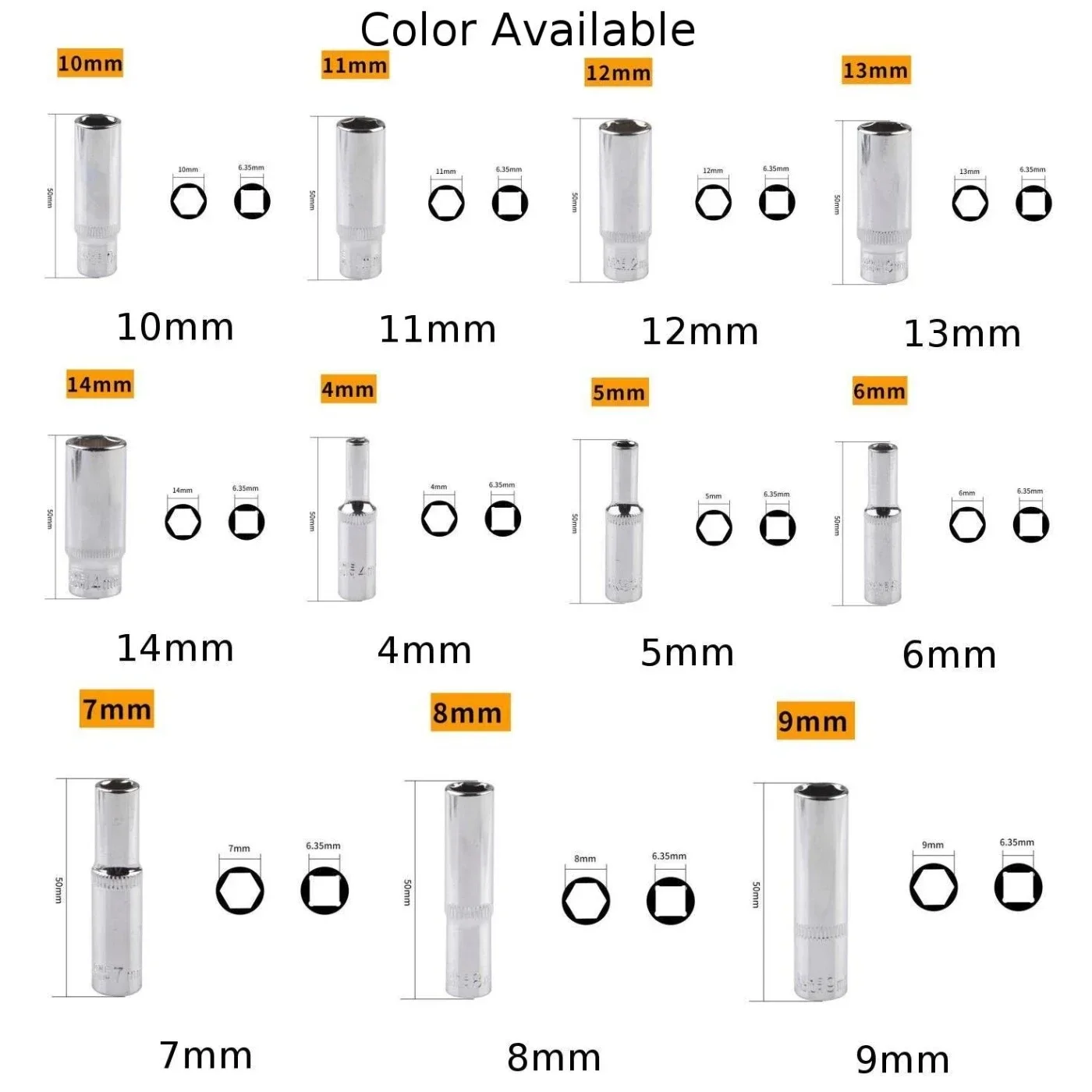 1PCS 4-14mm Deep Socket Wrench Head Deep Socket Adapter 1/4 Inch Hex Socket Wrench Head Ratchet Tool High Torque