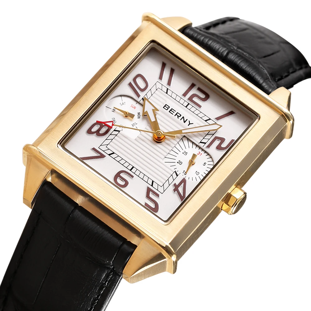 BERNY 6P25 Quartz Watch for Men Golden Tank Square Wristwatch Vintage Day Date Leather 3ATM Waterproof Luxury Watch Male