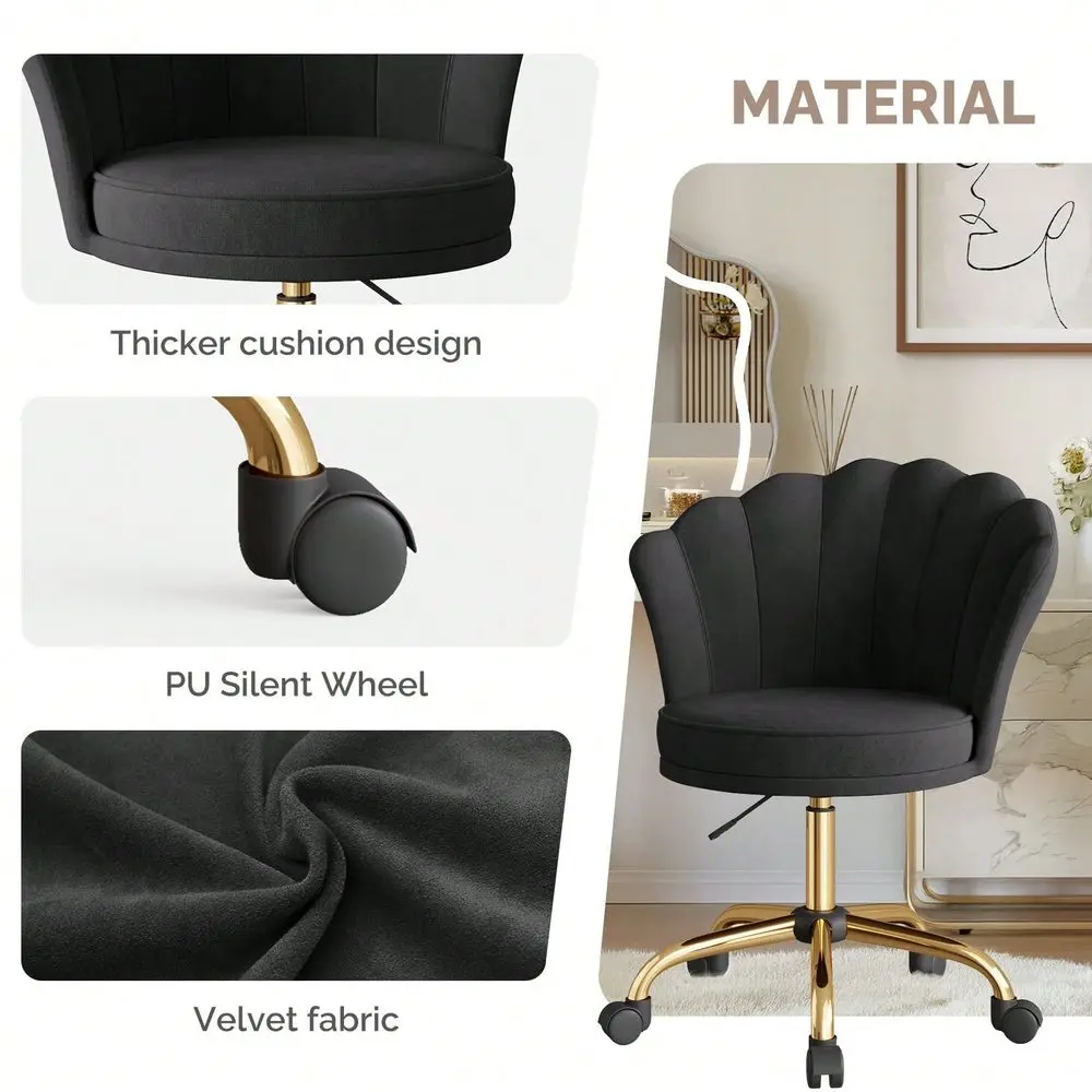 Modern Velvet Vanity Chair With Gold Base, Swivel Office Chair With Lumbar Pillow, Adjustable Rolling Task Chair For Condo, Bed