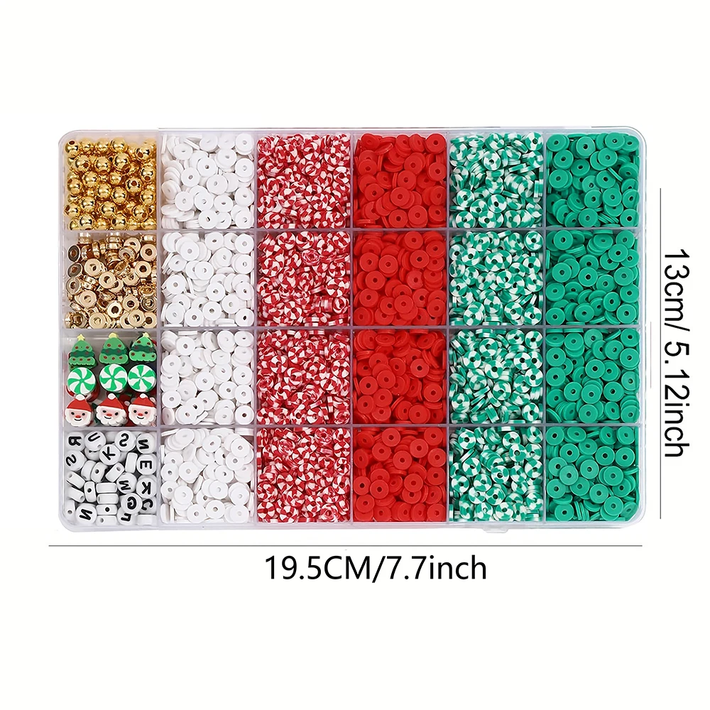 Christmas Polymer Clay Bead Kit - Flat Round & Alphabet Spacer Beads for DIY Jewelry Making, Includes Elastic Cord