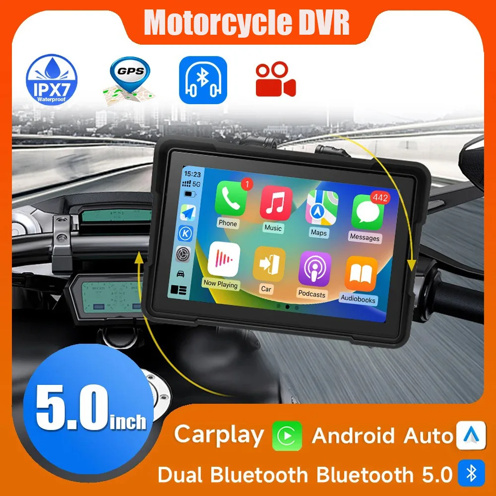 

5 inch Waterproof Outdoor IPSX7 Wireless Android Auto Carplay Screen for Motorcycle Navigation Stereo Bluetooth Monitor