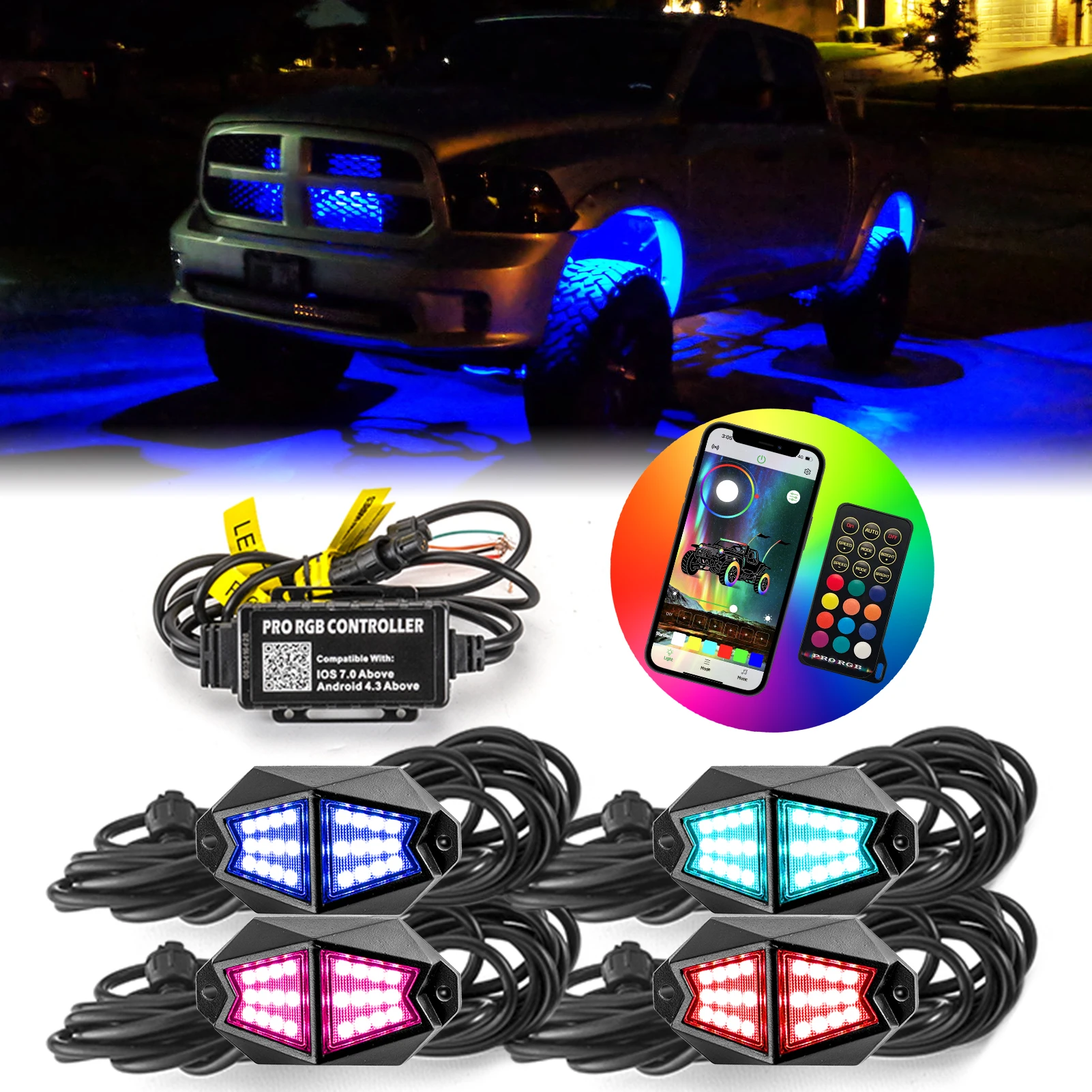 WEISEN RGB LED Rock Lights Bluetooth Controller Music 4 Pods Neon Lamp For RZR