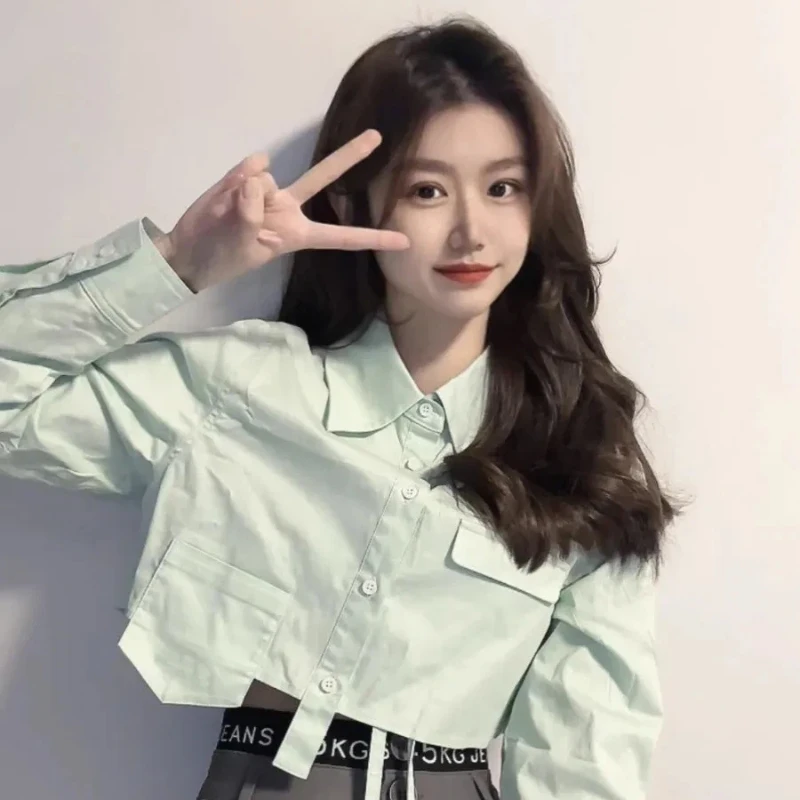 

Женская укороченная рубашка с длинными рукавами мятно-зеленого цвета, повседневные топы на весну и осень