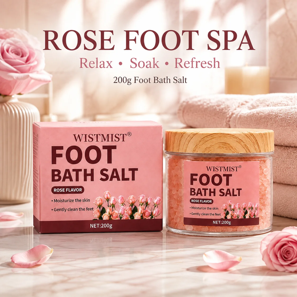 WISTMIST Rose Foot Soak Bath Salt 200g, Relaxing Foot Spa Soaking Salts for Tired Feet, Moisturizing Foot Bath Crystals, Home Pedicure Spa Foot Care, Rose Scented Bath Salt for Women Men Self Care Gift