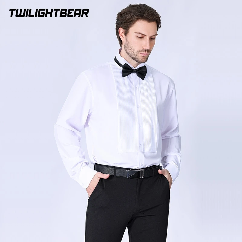 New Stretch Men\'s Dress Shirts Long Sleeve Solid elastic Wedding Shirt Men Clothing Black White Tuxedo Shirts With Bowtie AFLF63