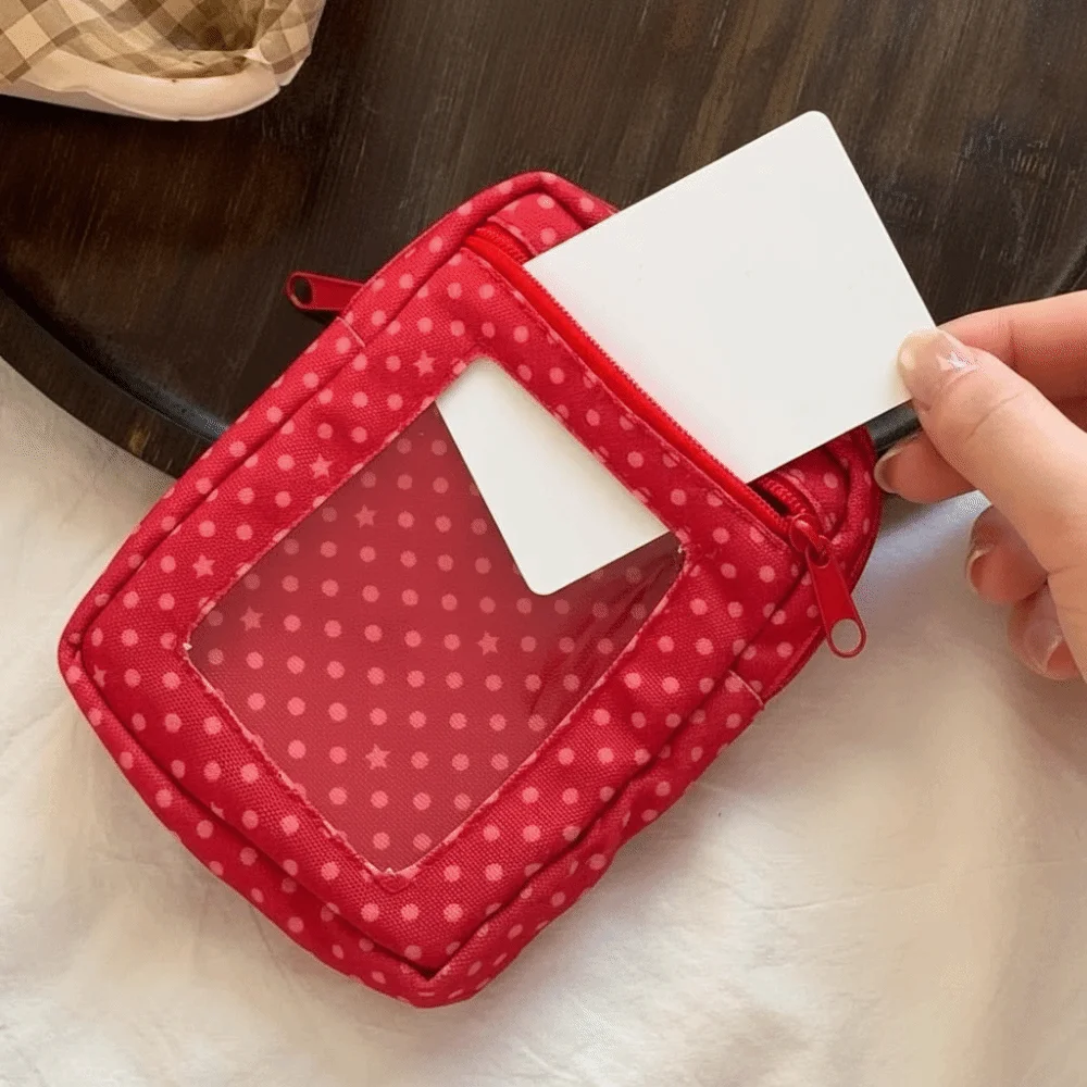 Red Polka Dot Coin Purse Retro Style Zippered Clear Window Pouch Canvas Fabric Transparent PVC Photo Display Bag Concert