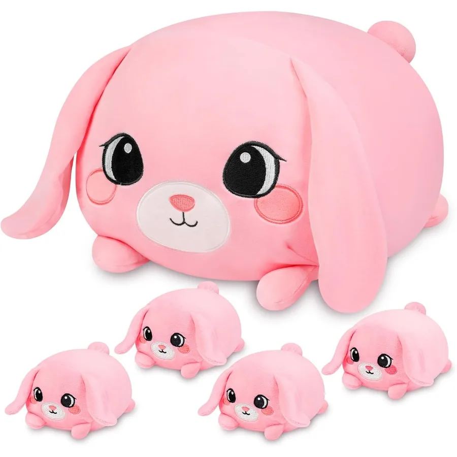

Pink Bunny Plush Rabbit Mommy Stuffed Animal Set with 4 Baby Bunnies Soft Stuffed Toy Pillow Cute Birthday Gift for Boys Girls