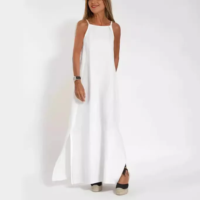 Wihte bawełniane lniane sukienki dla kobiet moda na co dzień sukienka z rozcięciem na ramiączkach solidne długie sukienki Boho Vestidos Verano Moda 2025