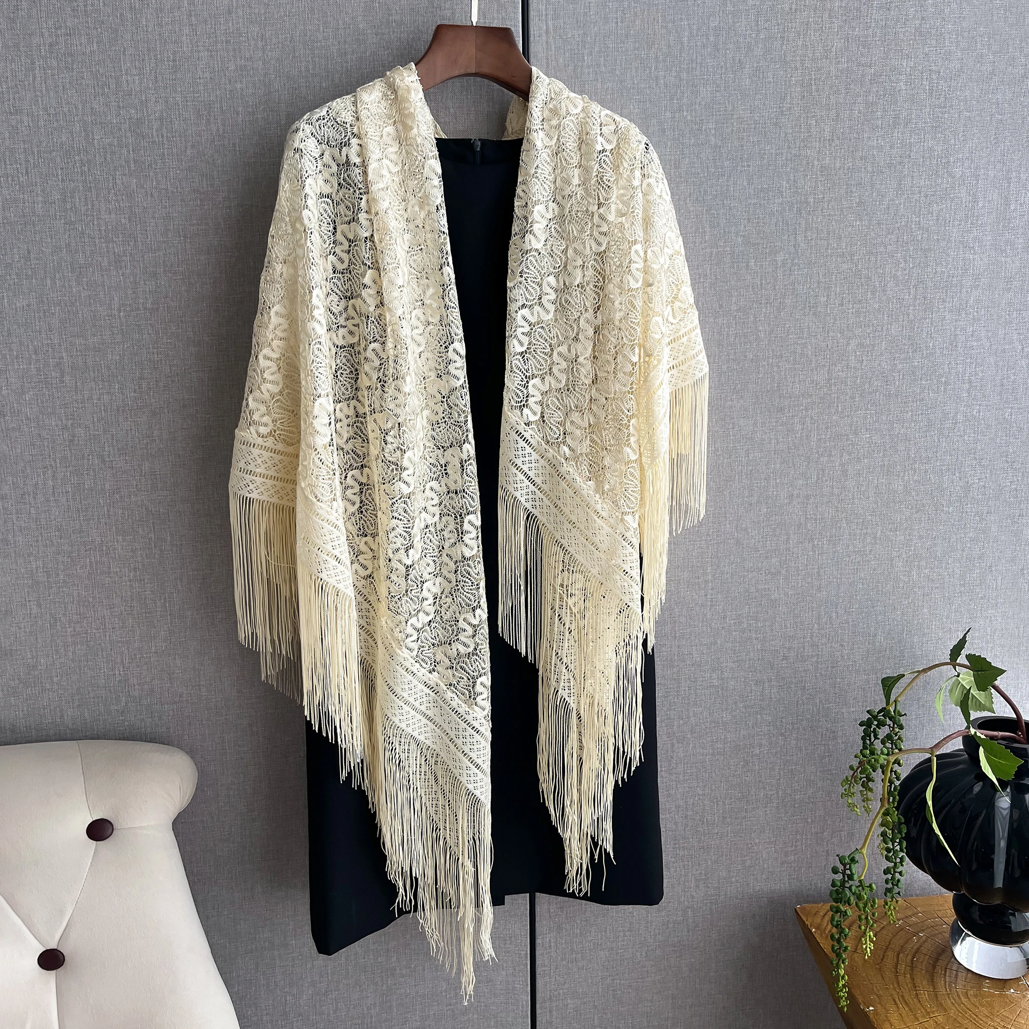 New summer hollowed-out dragon flower large square scarf shawl with long knitted cape scarf thin silk scarf gauze scarf