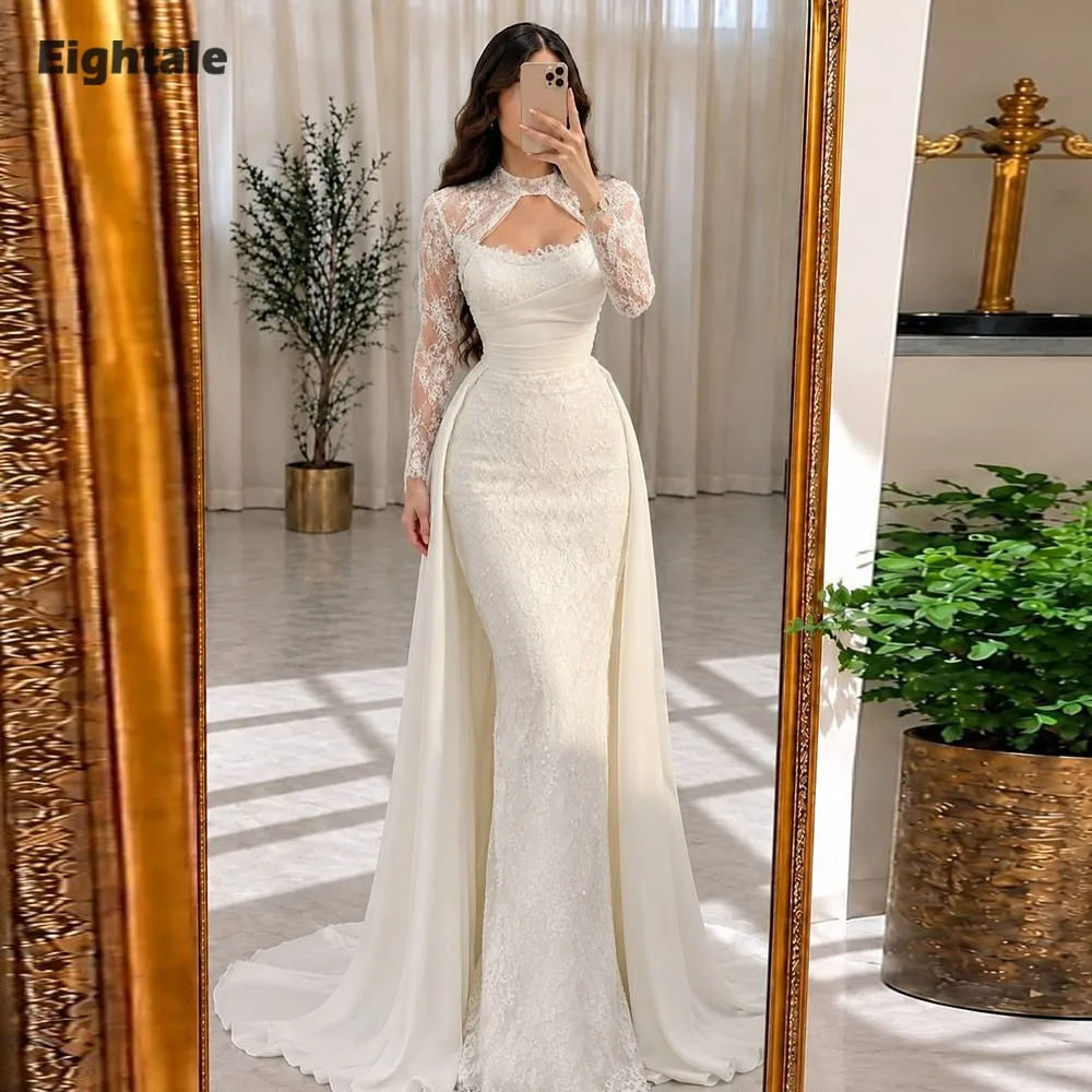 Eightale Arabisches Hochzeitskleid, maßgeschneidertes Brautkleid, hochgeschlossener Ausschnitt, lange Ärmel, Spitze, Meerjungfrauen-Schnitt, Brautkleid für Partys, Vestido De Novia