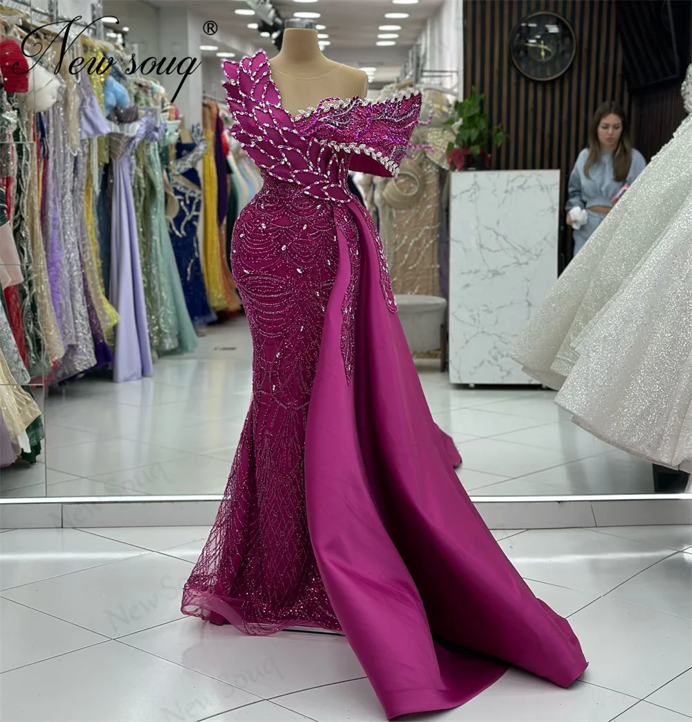 Dubai Coutures Mermaid Celebrity Dress Heavy Beaded Crystals Evening Dresses Slit Train Engagement Dress Off Shoulder Party Gown