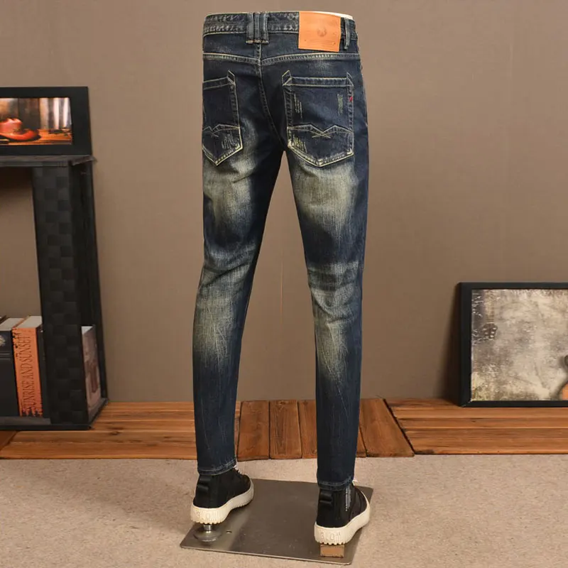 Newly Designer Men Jeans High Quality Retro Washed Blue Stretch Slim Fit Ripped Jeans Men Trousers Vintage Denim Pants Hombre