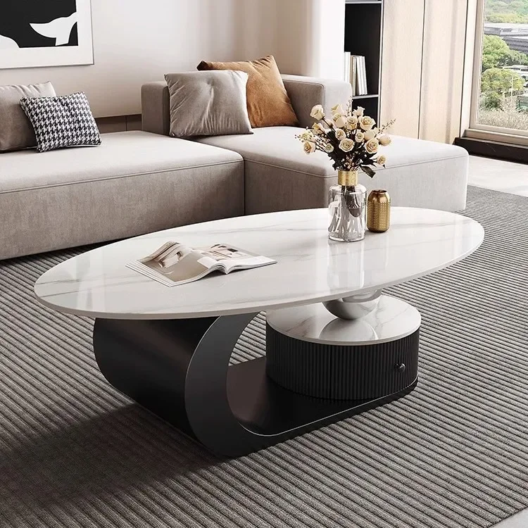 بلاطة صخرية إيطالية فاخرة خفيفة، طاولة قهوة بيضاوية #3