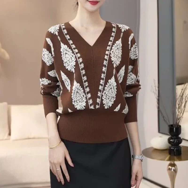 

Свитер с рукавами «летучая мышь» Коричневый однотонный корейский топ с v-образным вырезом и длинными рукавами