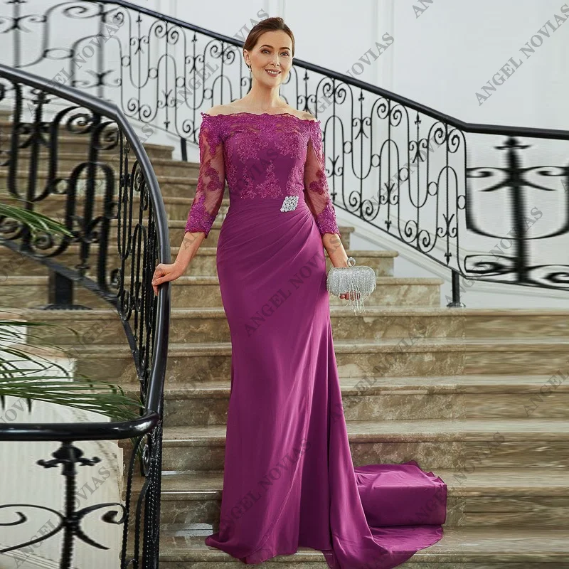 Customized Long Mermaid Purple Off the Shoulder Chiffon Mother of Bride Dresses with Sleeves vestidos de fiestas elegantes mujer