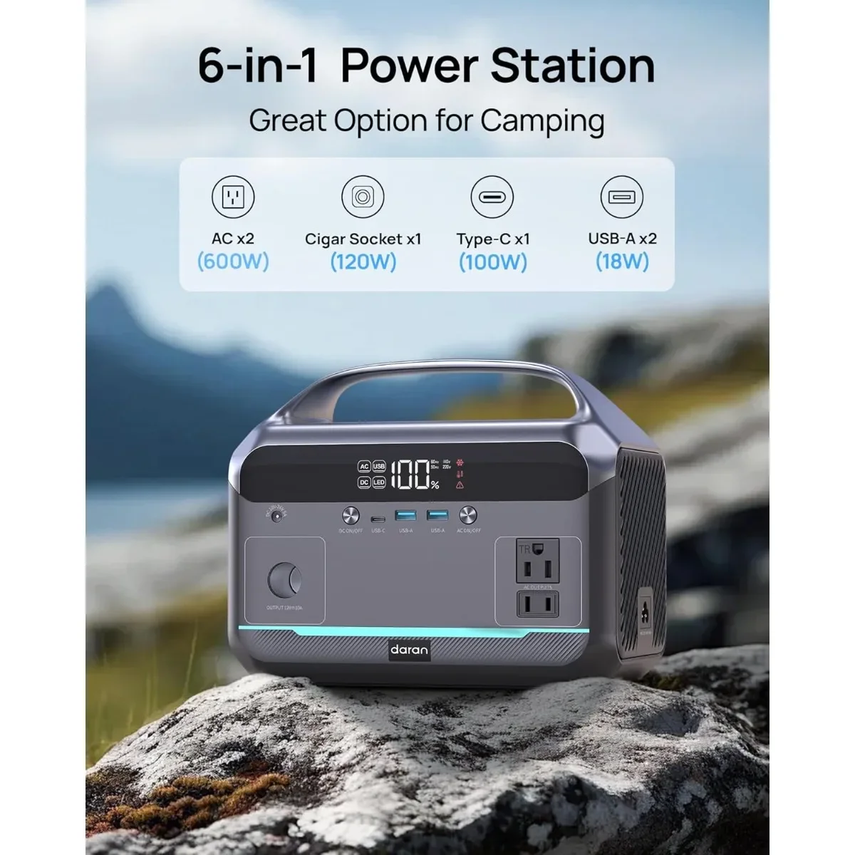 Central eléctrica portátil de 600 W, batería LiFePO4 de 288 Wh, 3 salidas de CA, generador solar para acampar al aire libre, viaje en RV, respaldo en casa.