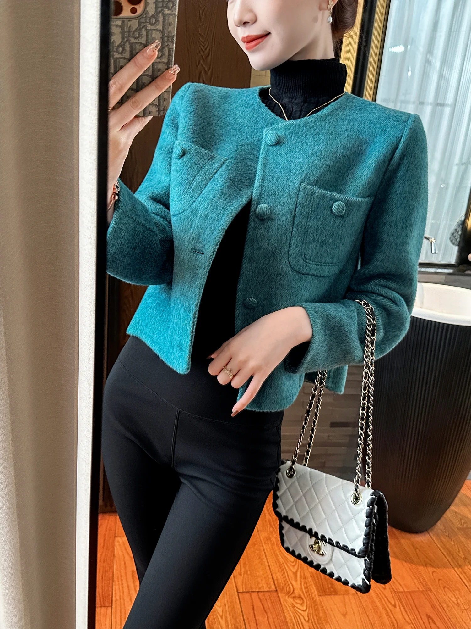 

Ele Blue ort Outerwear Button Crt Same Color Paage Cloth YOU SEE Lady Sli Commute Sle Stand Version Thiened