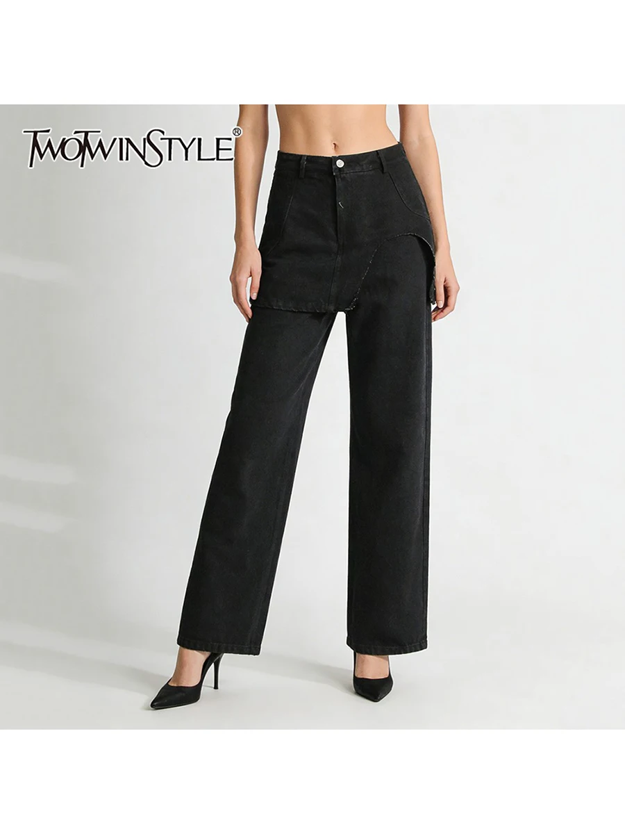TWOTWINSTYLE Solid Loose Spliced Waistband Irregular Jean for Women High Waist Fashion Wide Leg Jeans Female 2026 Clothing New