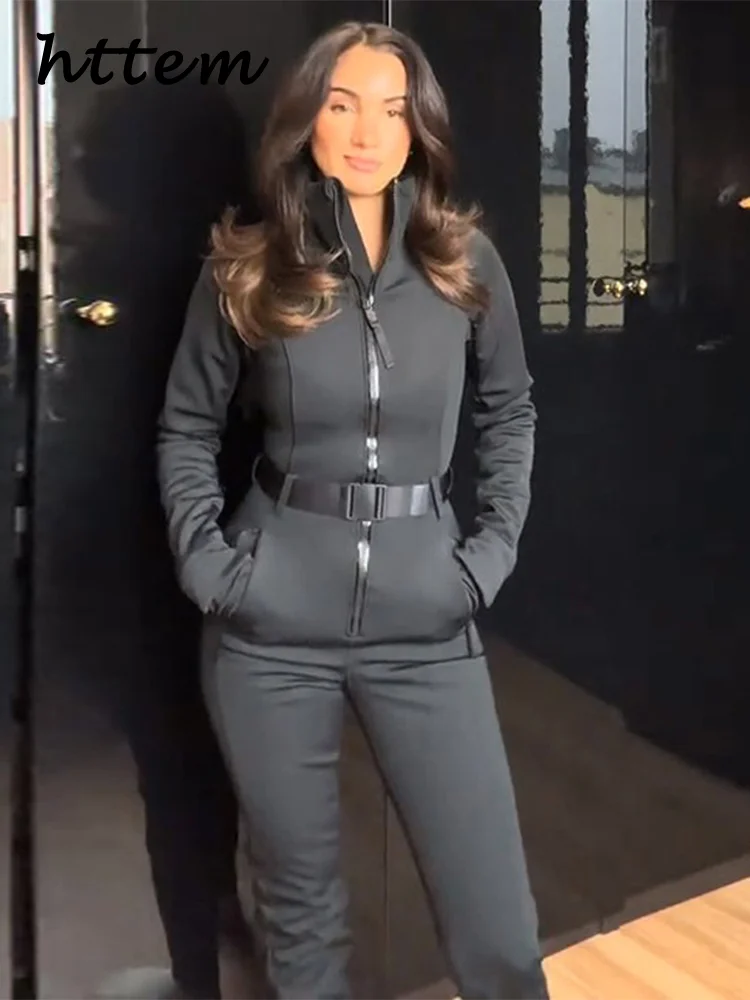 

Теплые женские лыжные комбинезоны с высоким воротником и поясом, однотонный тонкий прямой комбинезон на молнии с длинными рукавами, 2025 г., зимняя женская одежда, новинка