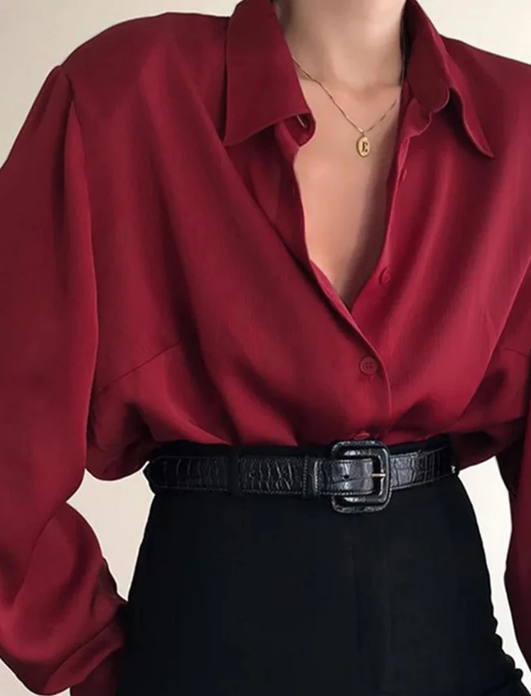 

Женские блузки на пуговицах, рубашки с отложным воротником, офисная женская повседневная блузка с длинным рукавом, свободная рубашка, мешковатые топы