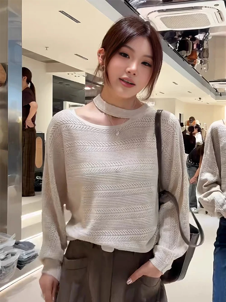 Unique Lazy Style Women's Knitted Long Sleeve Shoulder Bared Neck Hanging Design Autumn Fashion Soft Comfortable Loose Top