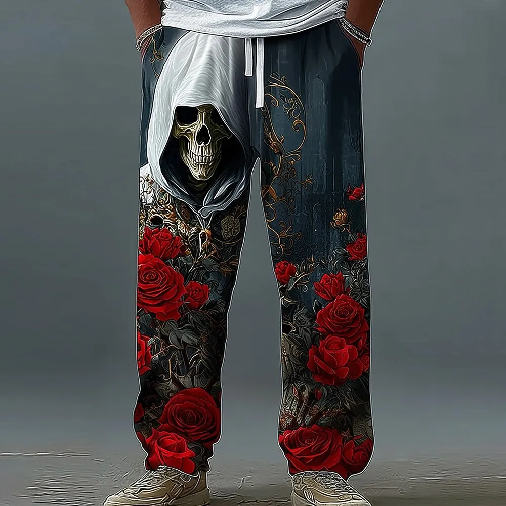 2026 Fashion Men's Rose Skull Trousers Baggy Pants Casual Pants Mid Waist Dark Gothic Style Elastic Drawstring Waist Pants Fall