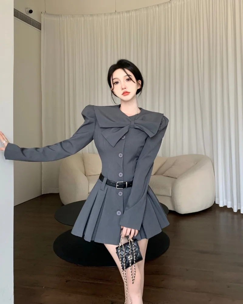 เดรสกระดุมแถวเดียวสำหรับผู้หญิงชุดเดรสมีจีบแขนมีโบว์สำหรับฤดูใบไม้ผลิและฤดูร้อน cewek seksi หวาน