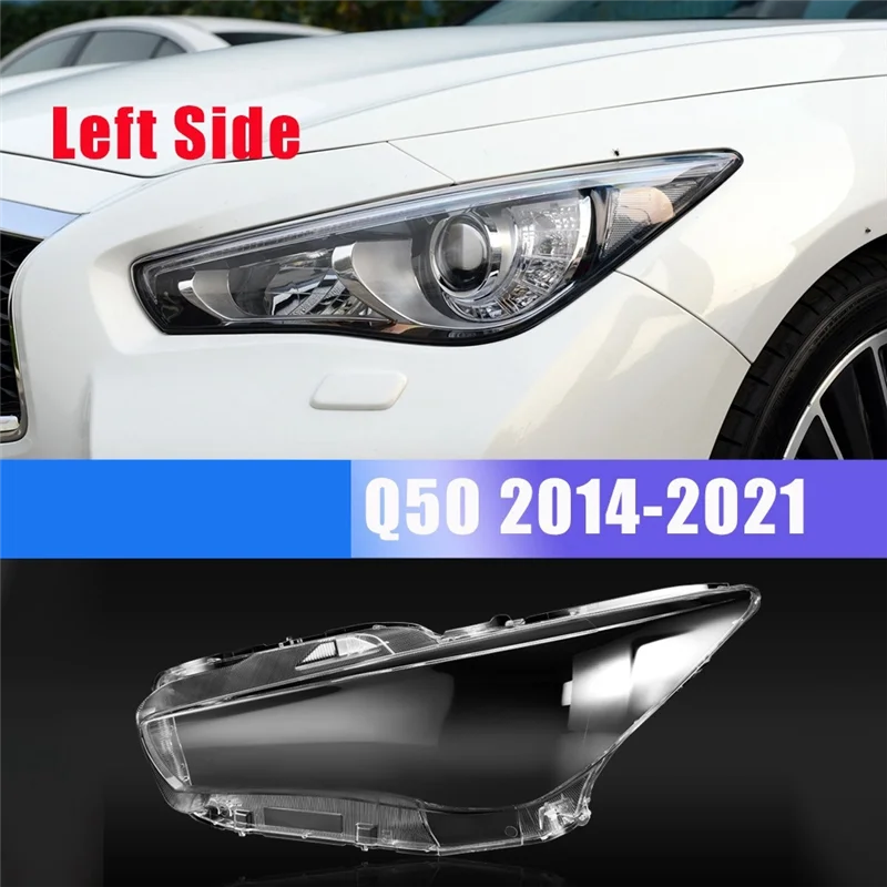 Penutup lampu kepala kiri depan, Pelindung lampu depan transparan lensa lampu depan kaca untuk Infiniti Q50 2014-2021