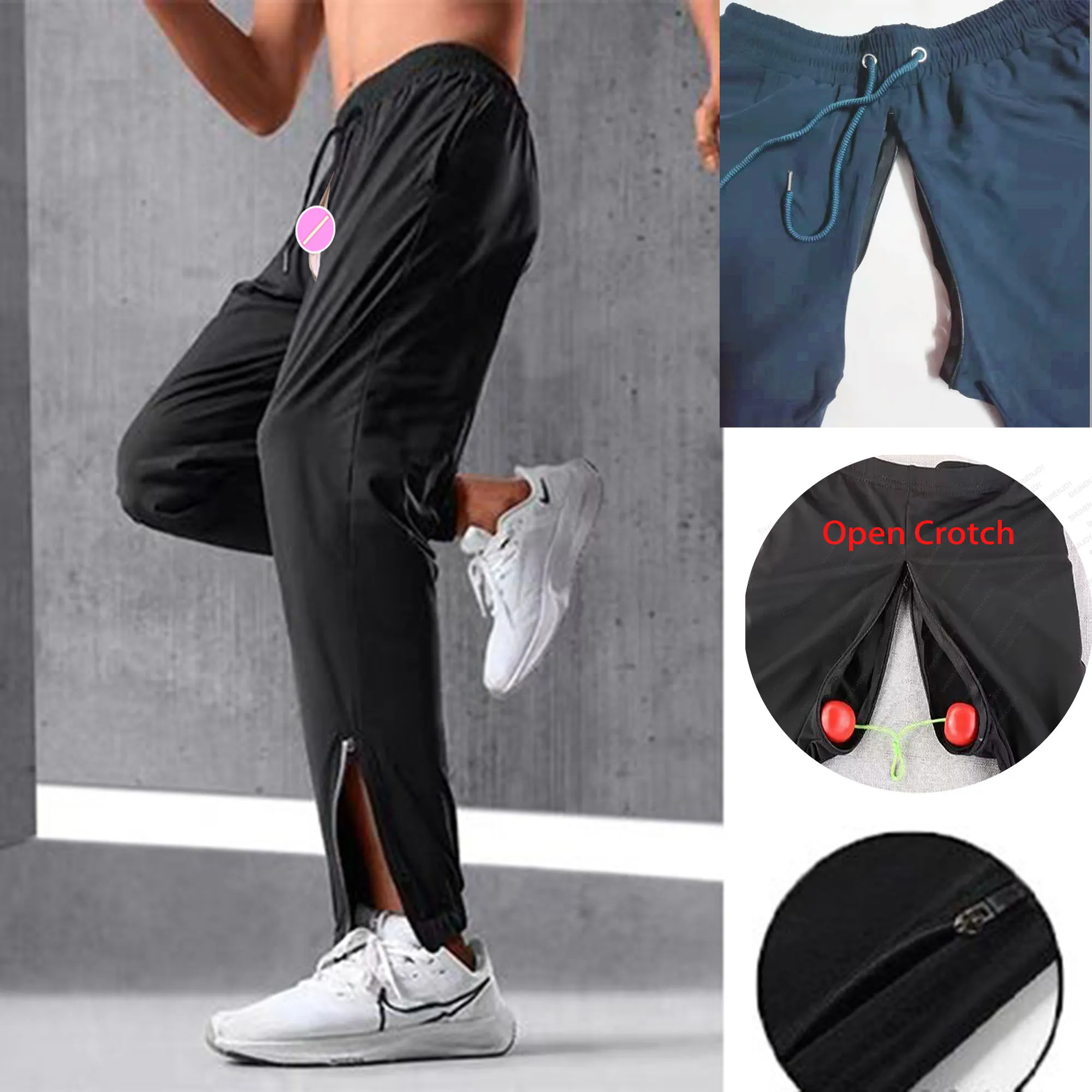 Zip Open Crotch Outdoor Sex Pants Men Fitness Sweatpants Jogger Sports Trousers Baggy Ice Silk Casual Streetwear Exotic Hotpants