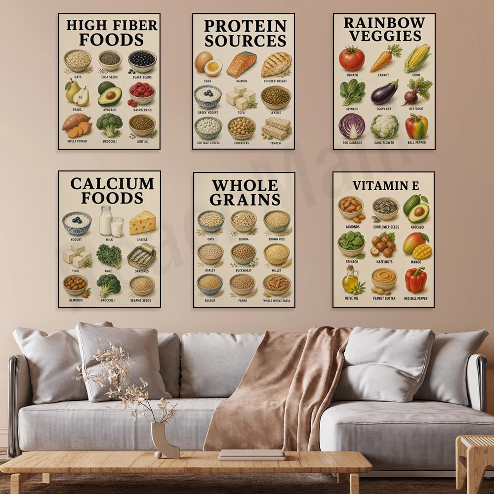 Whole grain chart, healthy fats, vegetables, vitamin C, rich in calcium, high in fiber, protein source healthy eating poster