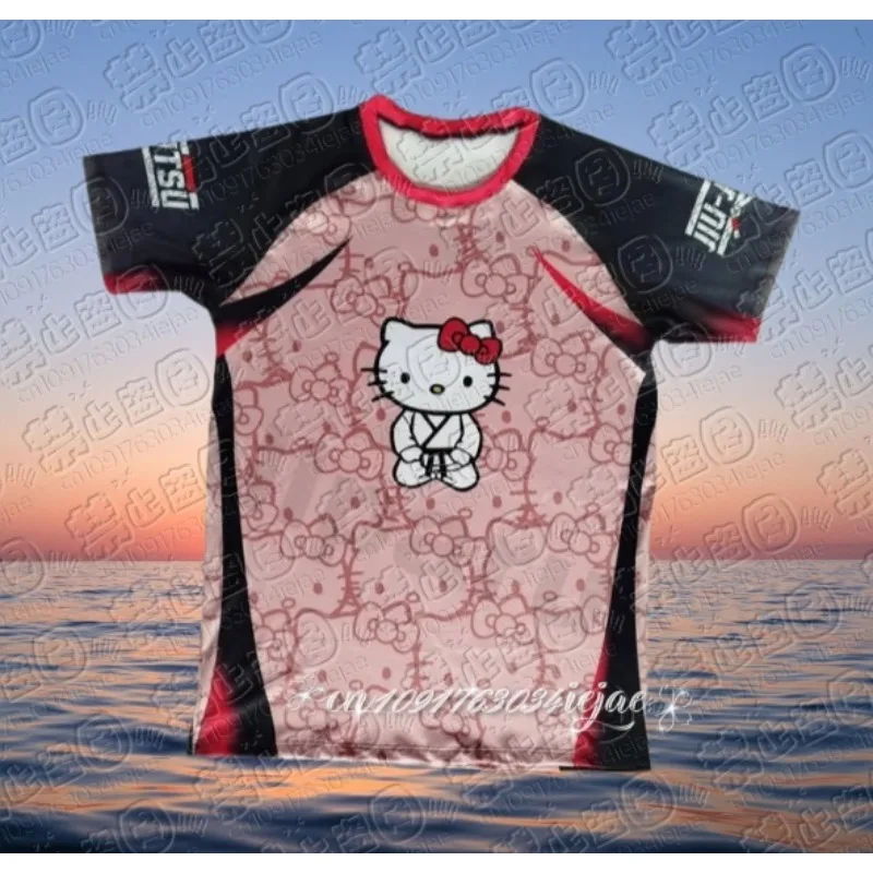 سانريو مرحبا كيتي تي شيرت مطبوع جيو جيتسو اللياقة البدنية تي شيرت موضة الترفيه الرياضة التدريب التجفيف السريع قصيرة الأكمام