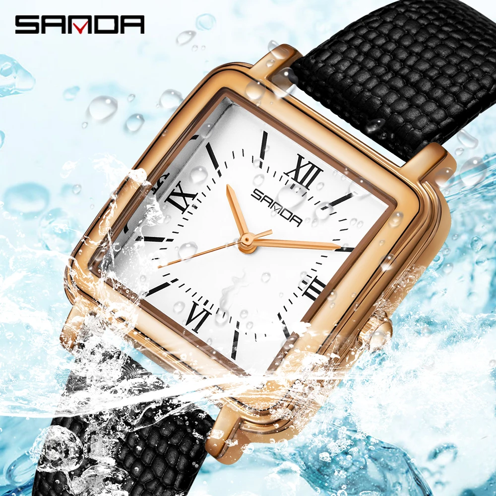 SANDA Ladies Quartz Watch Fashion Leather Women Square Watch Simple Rose Gold Wristwatch Lover\'s Gift With Box Relogio Feminino