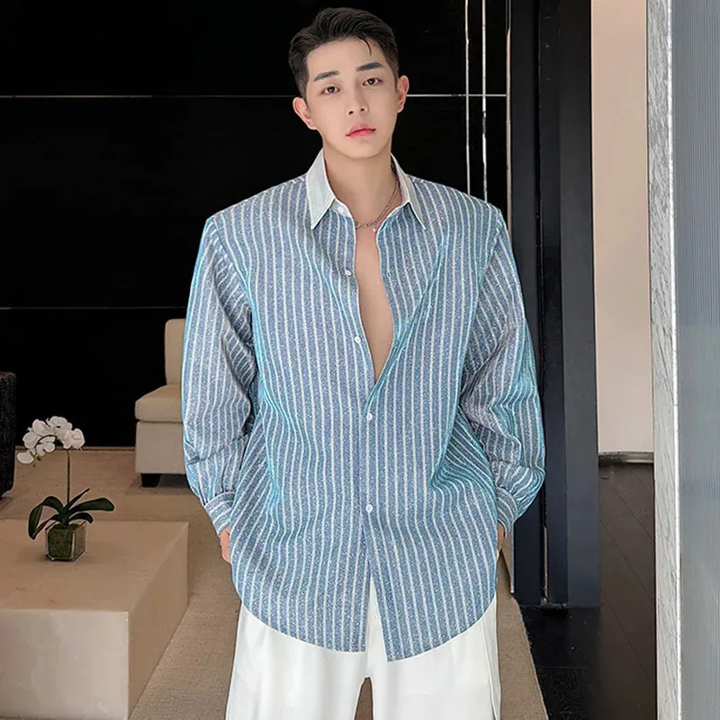 

IEFB Korean Stylish Men's Stripe Shirts Contrast Color Collar Male Long Sleeve Shirt Casual Summer New Menwear Trend 9C4907