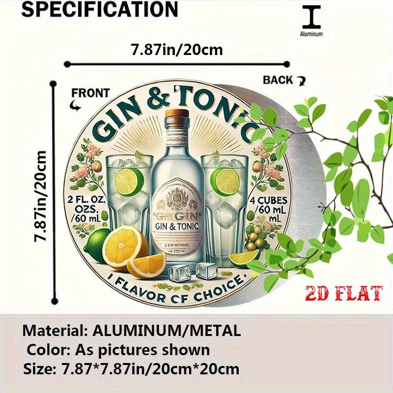 Rustic Gin Tonic Metal Wall Art, 2D Flat Cocktail Illustration on Round Sign with Citrus Decor, Home Garage Bar Poster 20x20cm